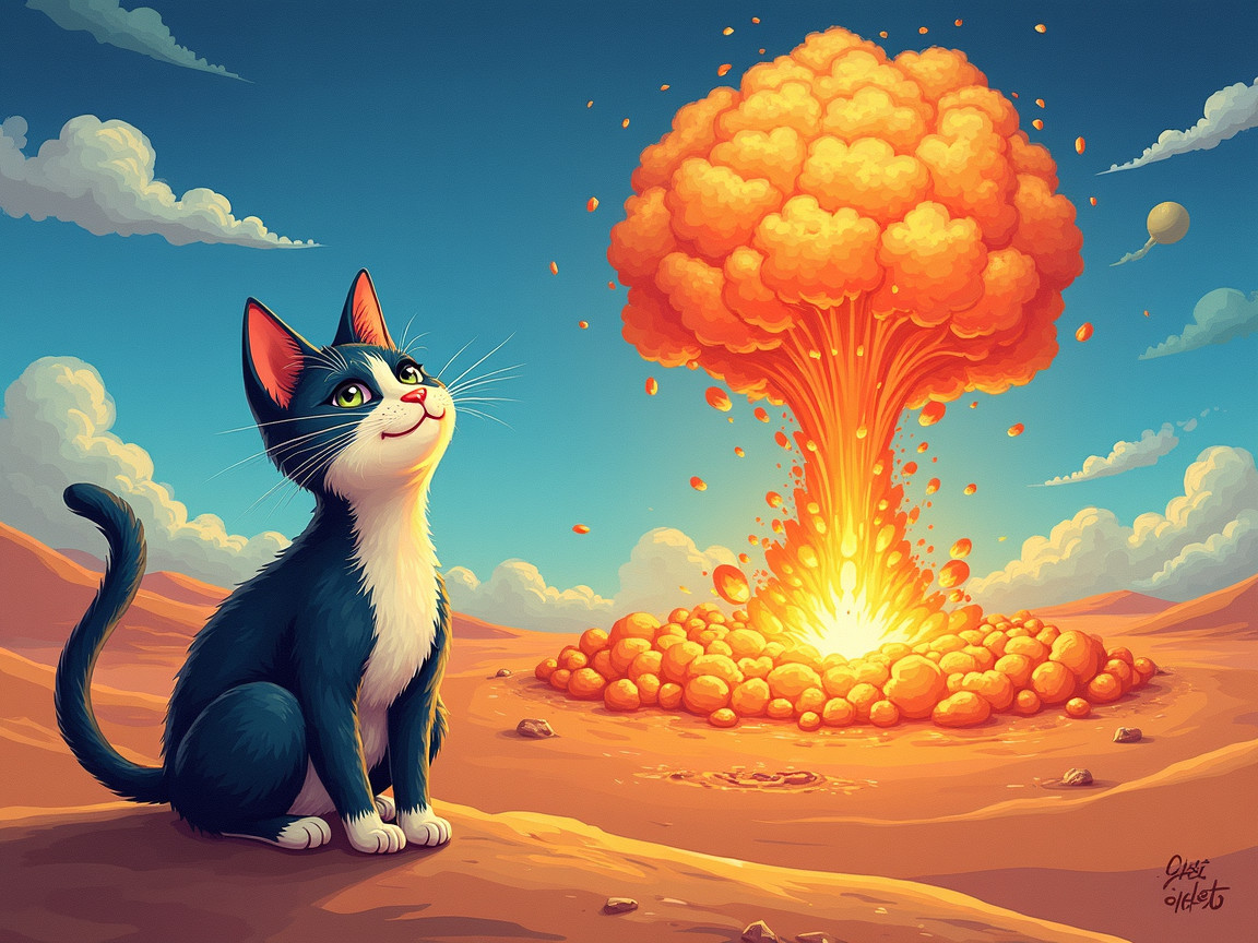 Playful Cat in Desert with Vibrant Mushroom Cloud