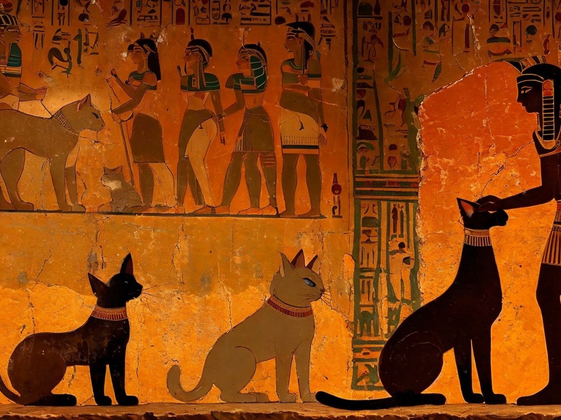 Ancient Egyptian Mural with Cats and Hieroglyphics