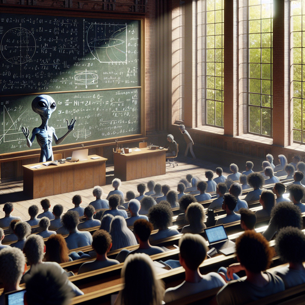 Alien Instructor in Lecture Hall with Students