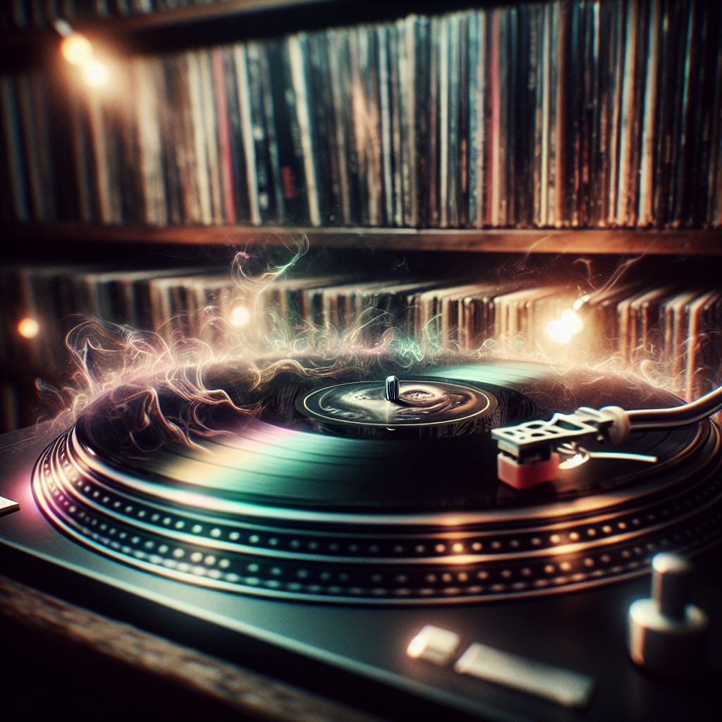 Vintage Turntable Surrounded by Vinyl Records and Lights