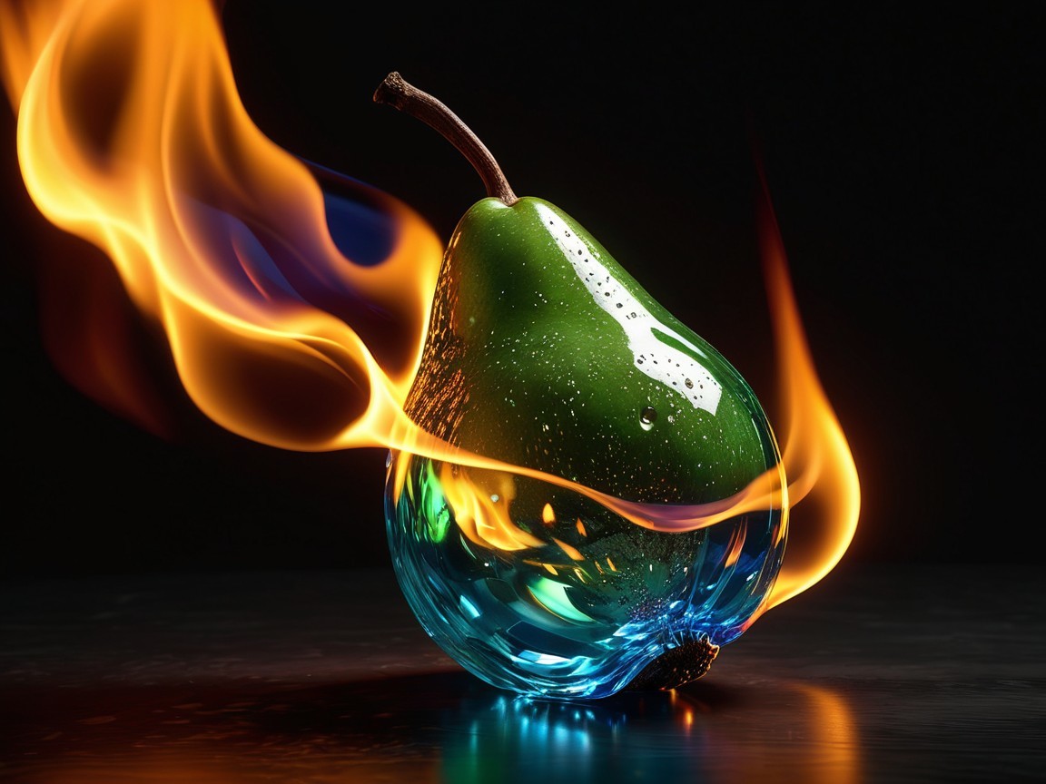 Glass Pear Surrounded by Bright Swirling Flames