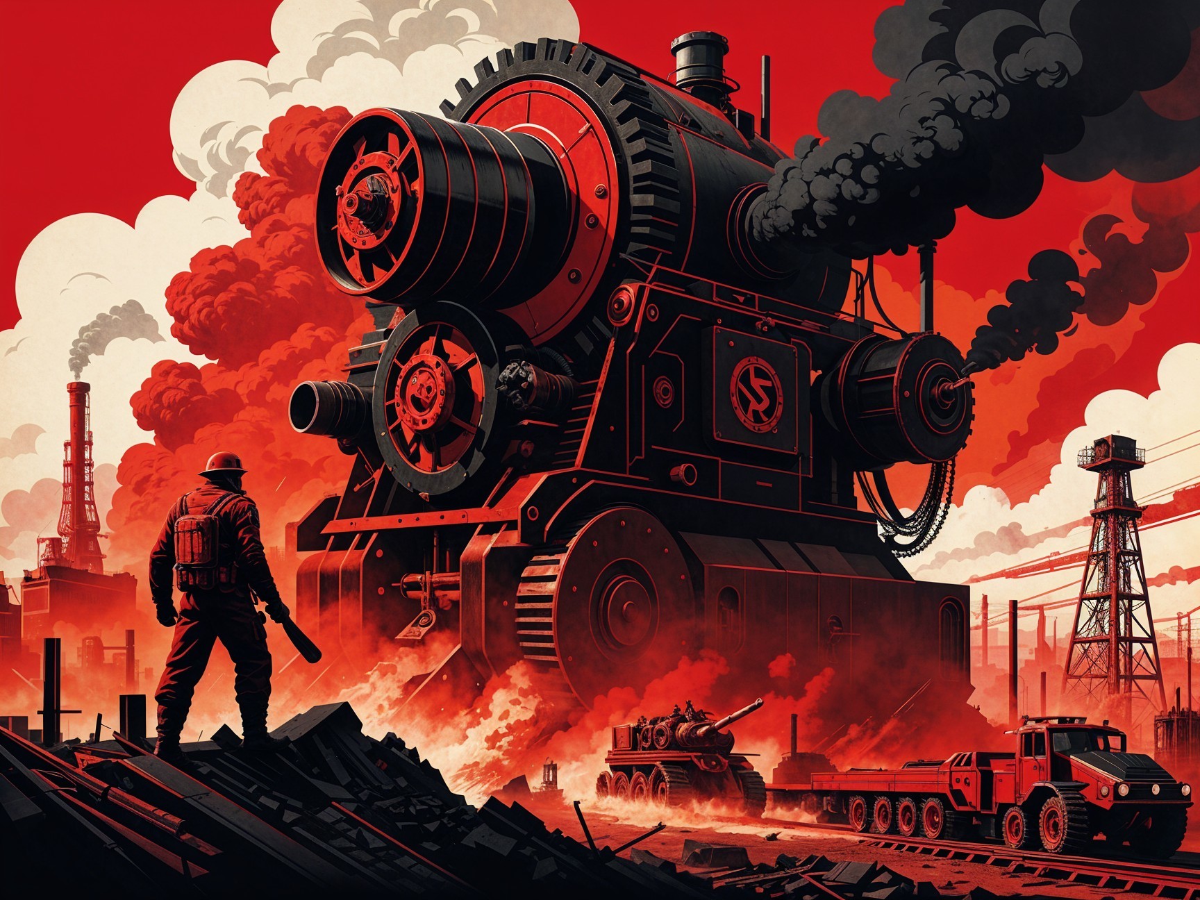 Dystopian Landscape with Steam Engine and Soldier