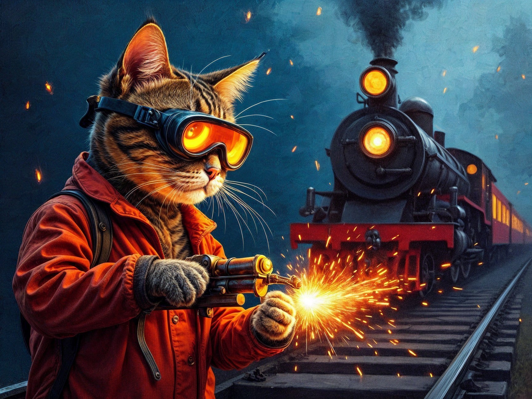 Feline Adventurer on Train Tracks with Toy Gun