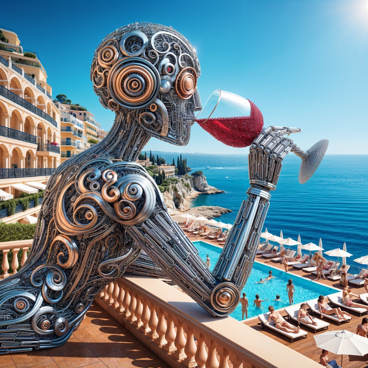 Futuristic Humanoid Robot on Luxurious Terrace Scene
