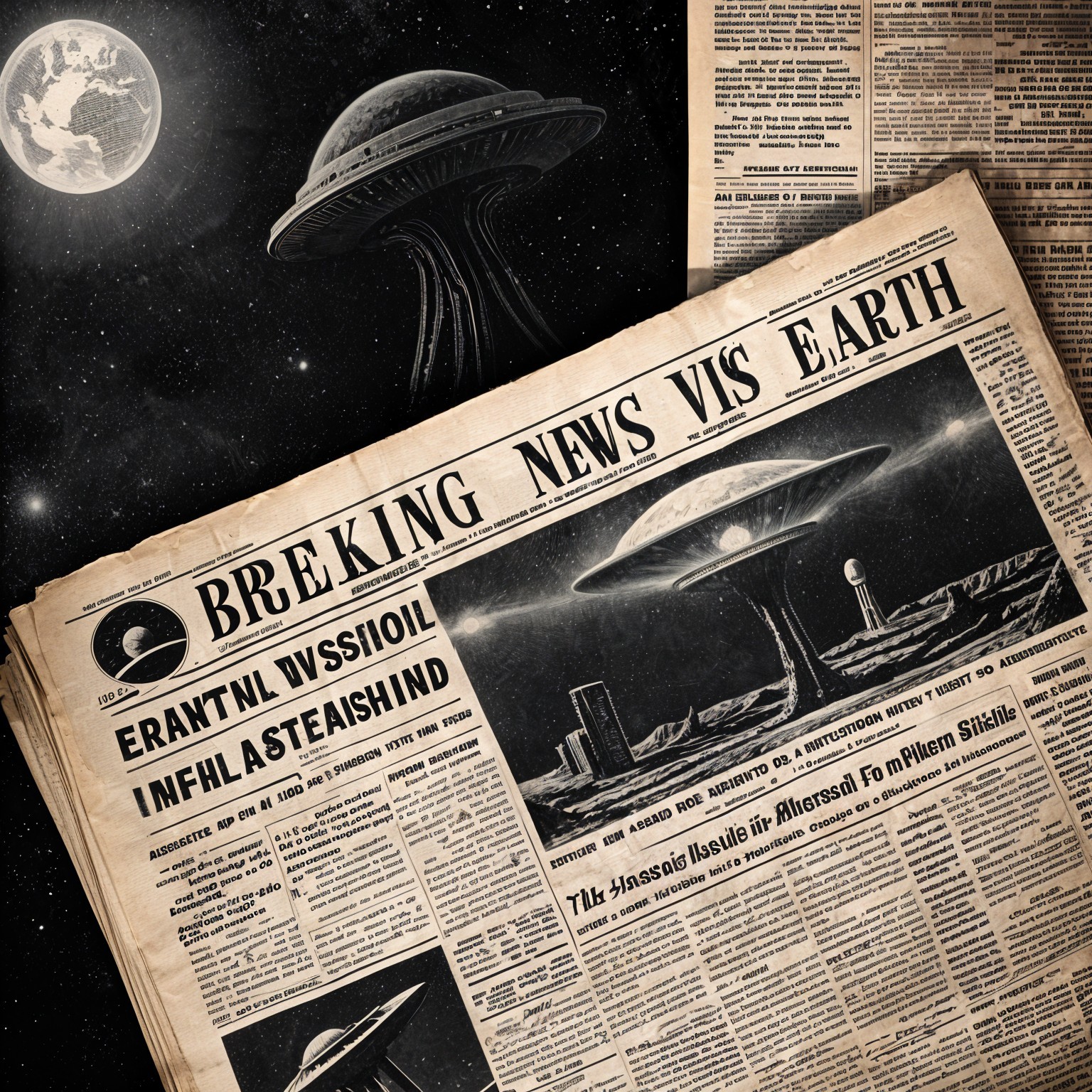 Vintage Newspaper Front Page with UFO and Earth Theme