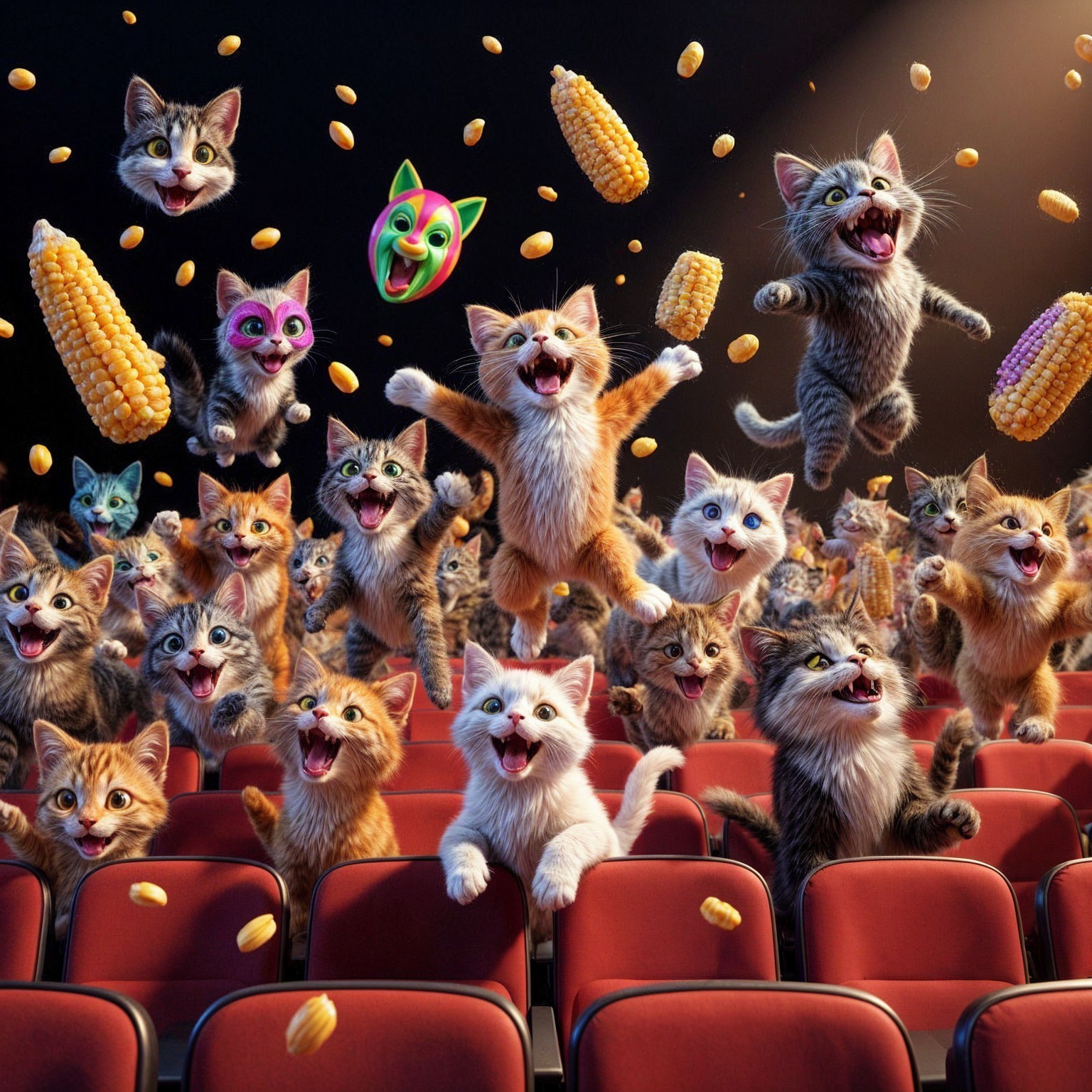 Cats Jumping in Cinema with Popcorn and Snacks
