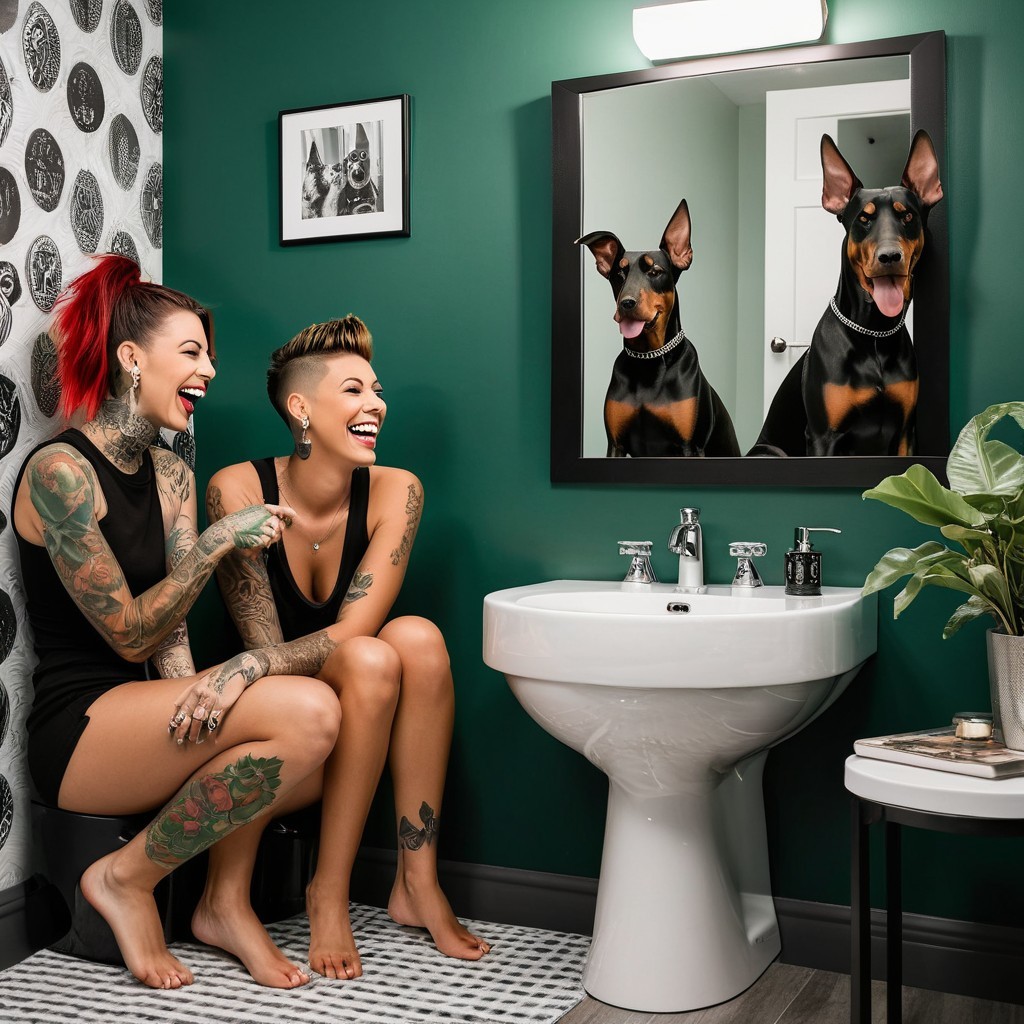 Stylish Bathroom with Friends and Doberman Dogs