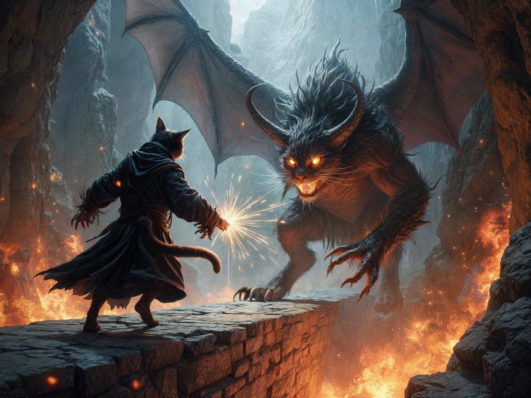 Cloaked Figure Confronts Bat-Winged Creature in Cavern