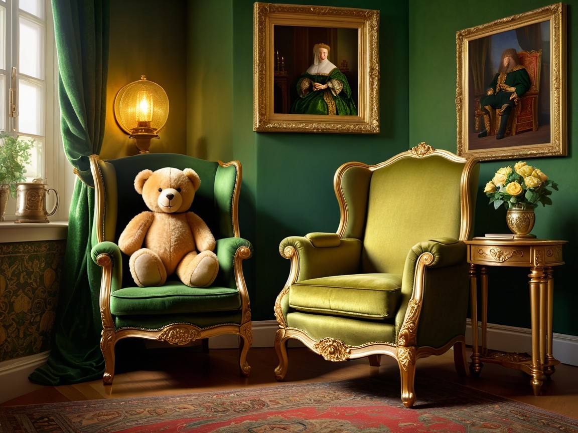 Cozy living room with green armchairs and teddy bear