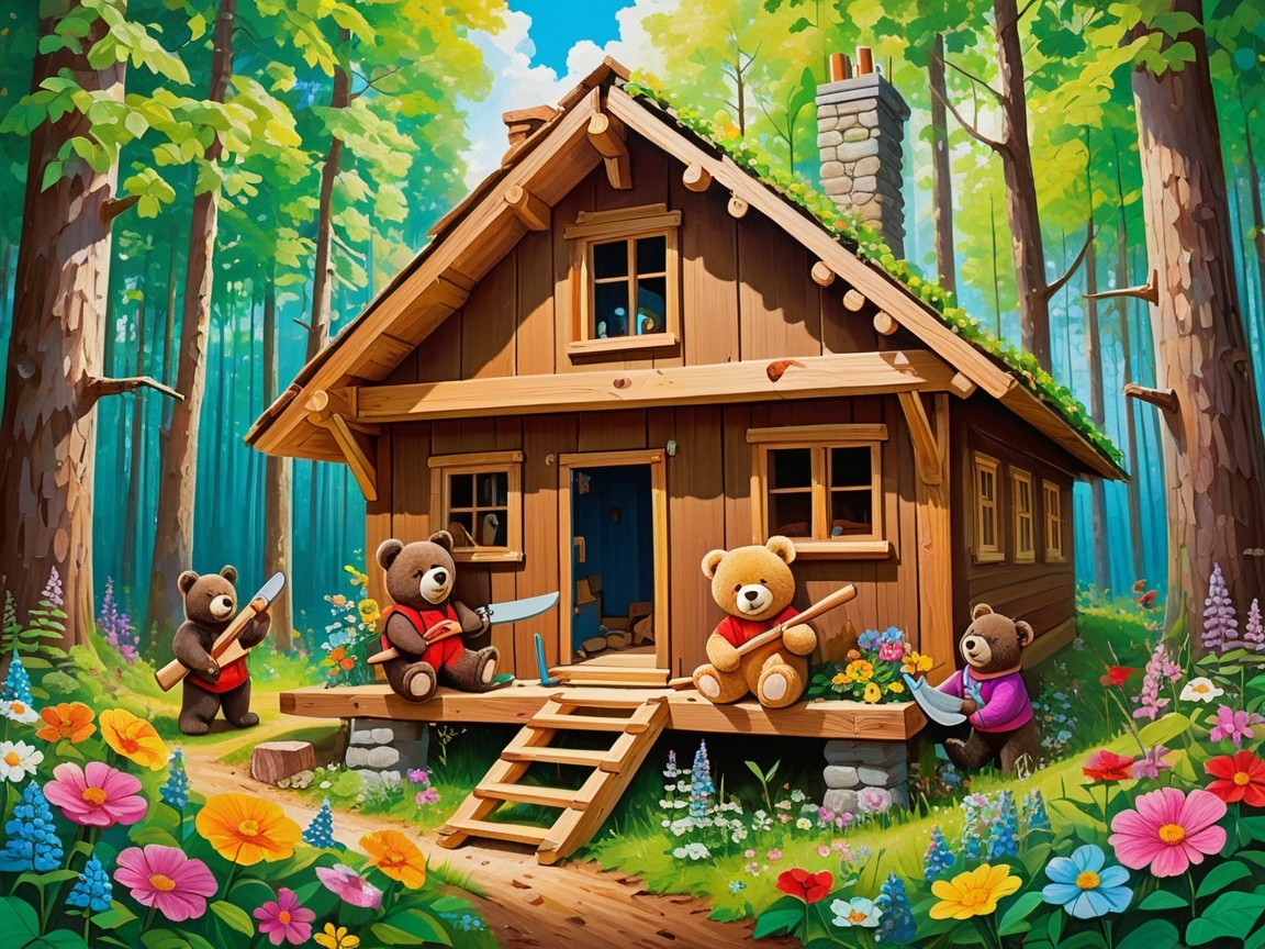Wooden Cabin in Forest with Teddy Bears and Flowers