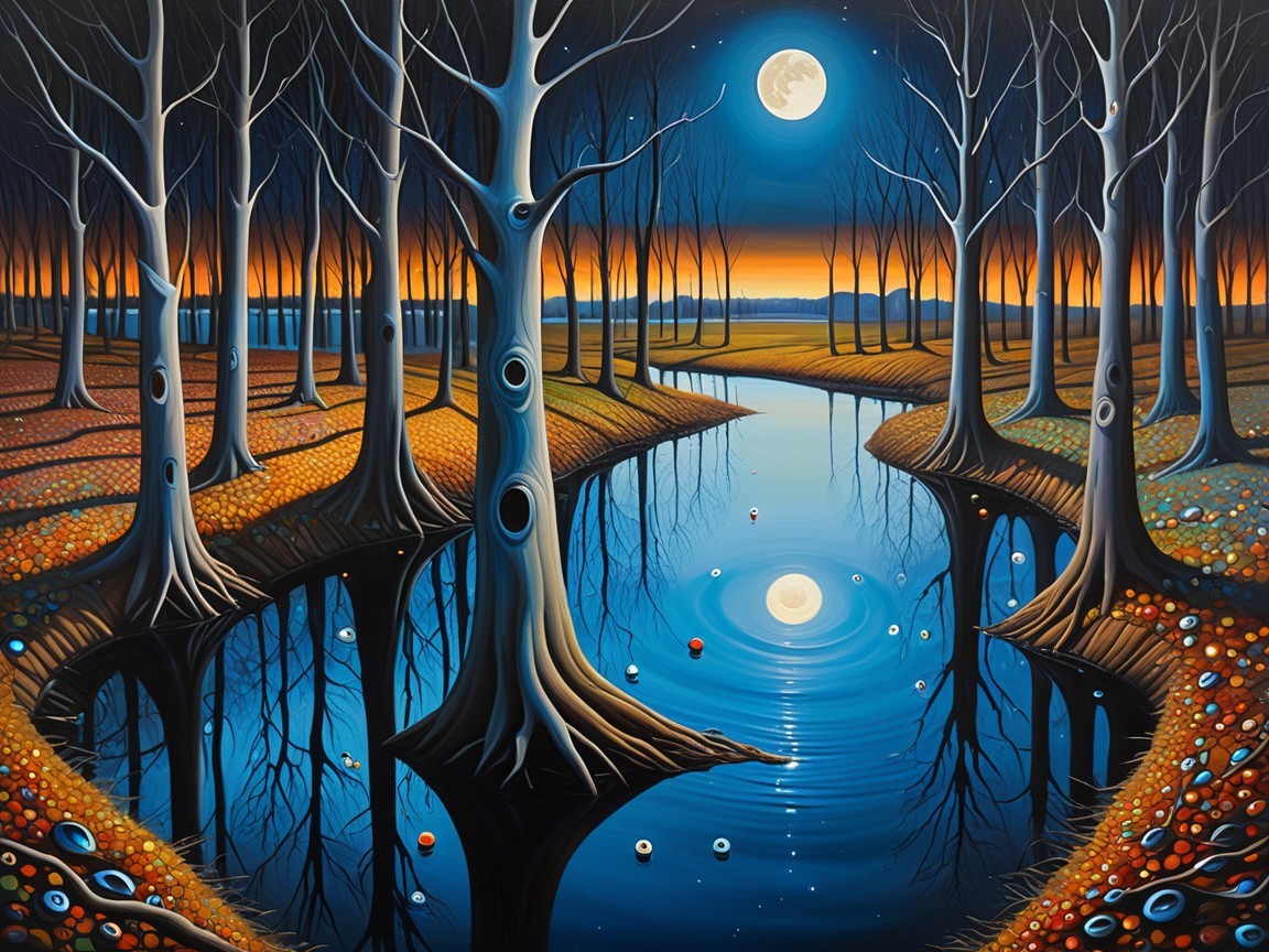 Nighttime River Scene with Moon and Autumn Leaves
