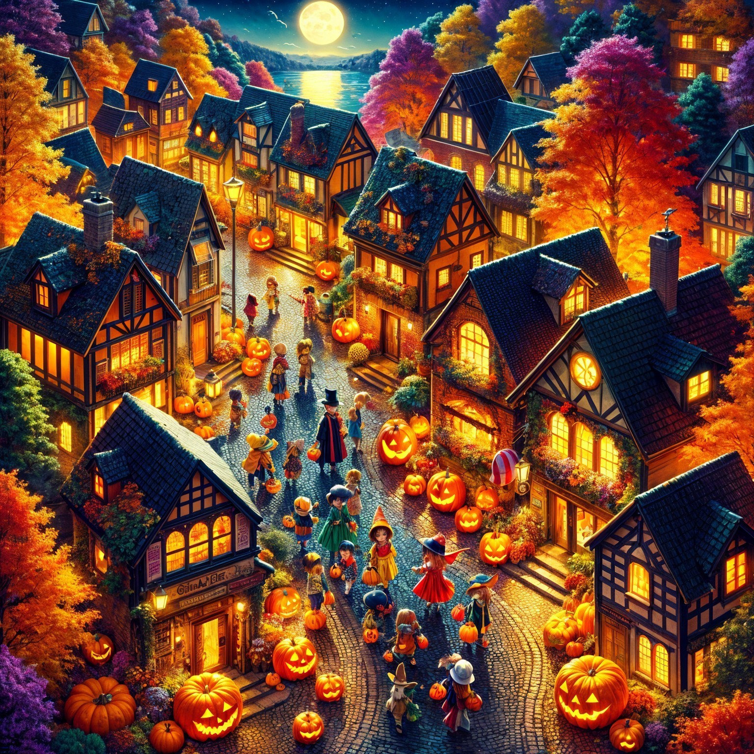 Charming Halloween Village Scene with Pumpkins and Costumes