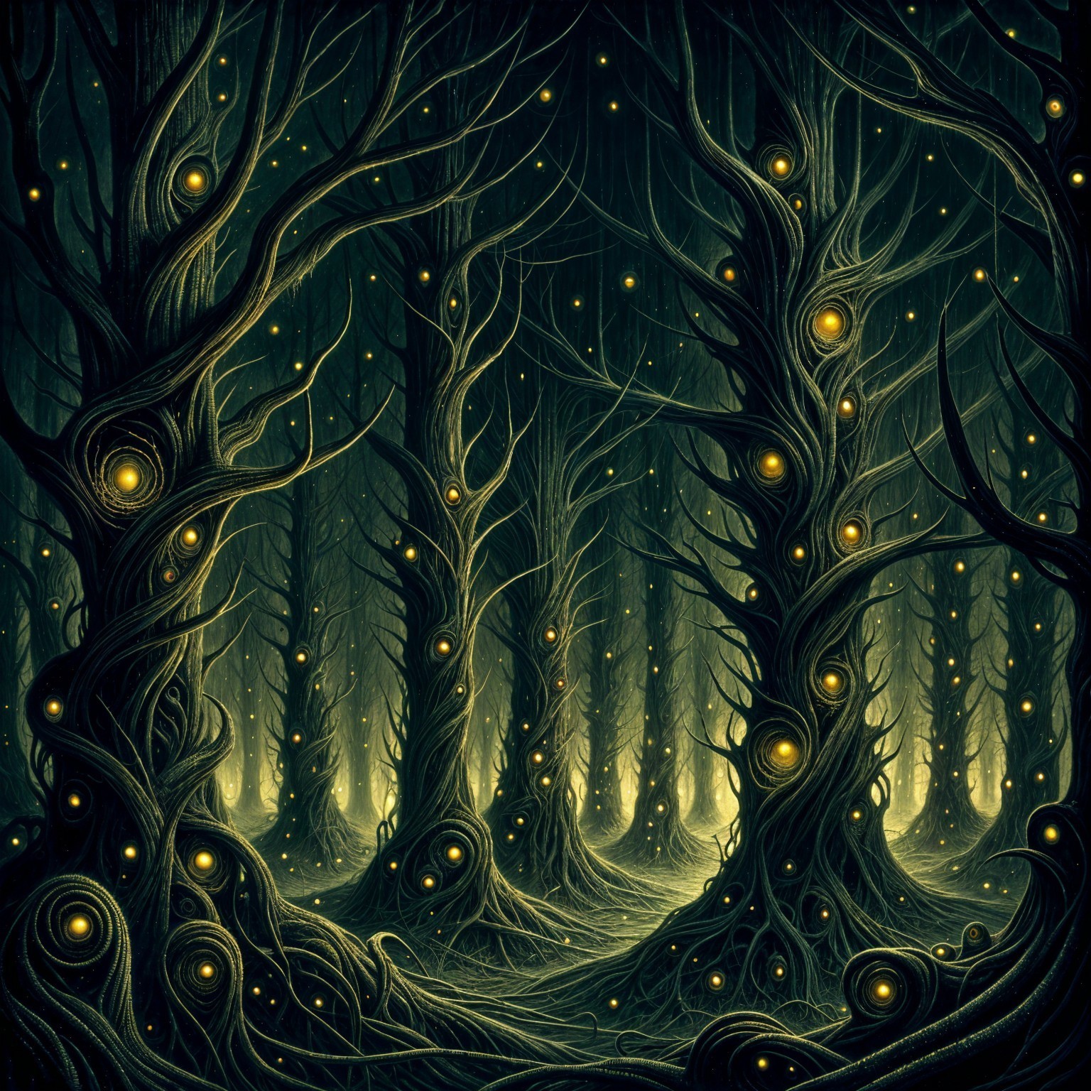 Mysterious Forest with Glowing Orbs and Misty Atmosphere
