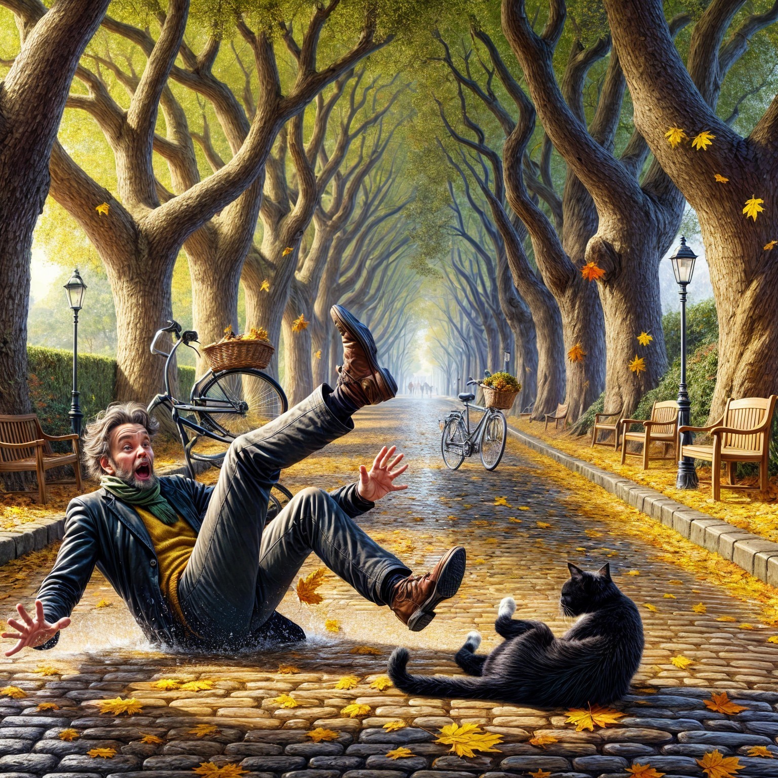 Autumn Scene with Colorful Leaves and Humor