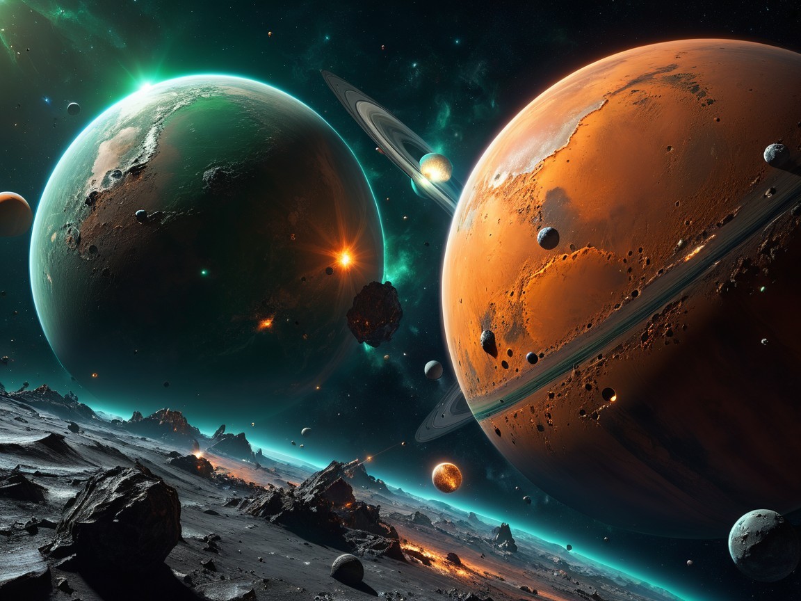 Vibrant Cosmic Landscape with Planets and Rings