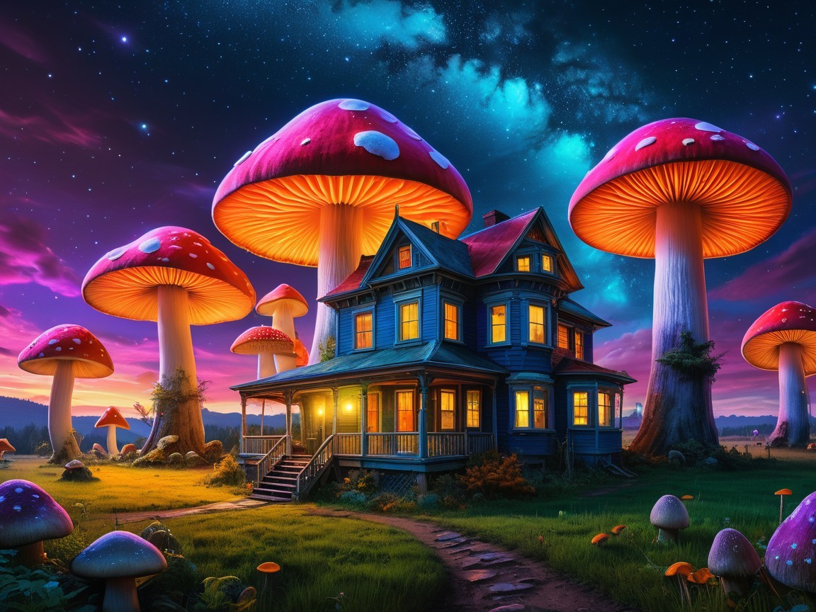 Victorian House Surrounded by Oversized Mushrooms