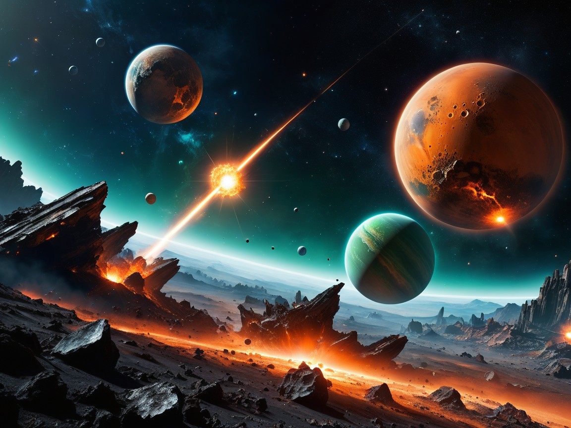Vibrant Cosmic Landscape with Colorful Planets and Asteroids