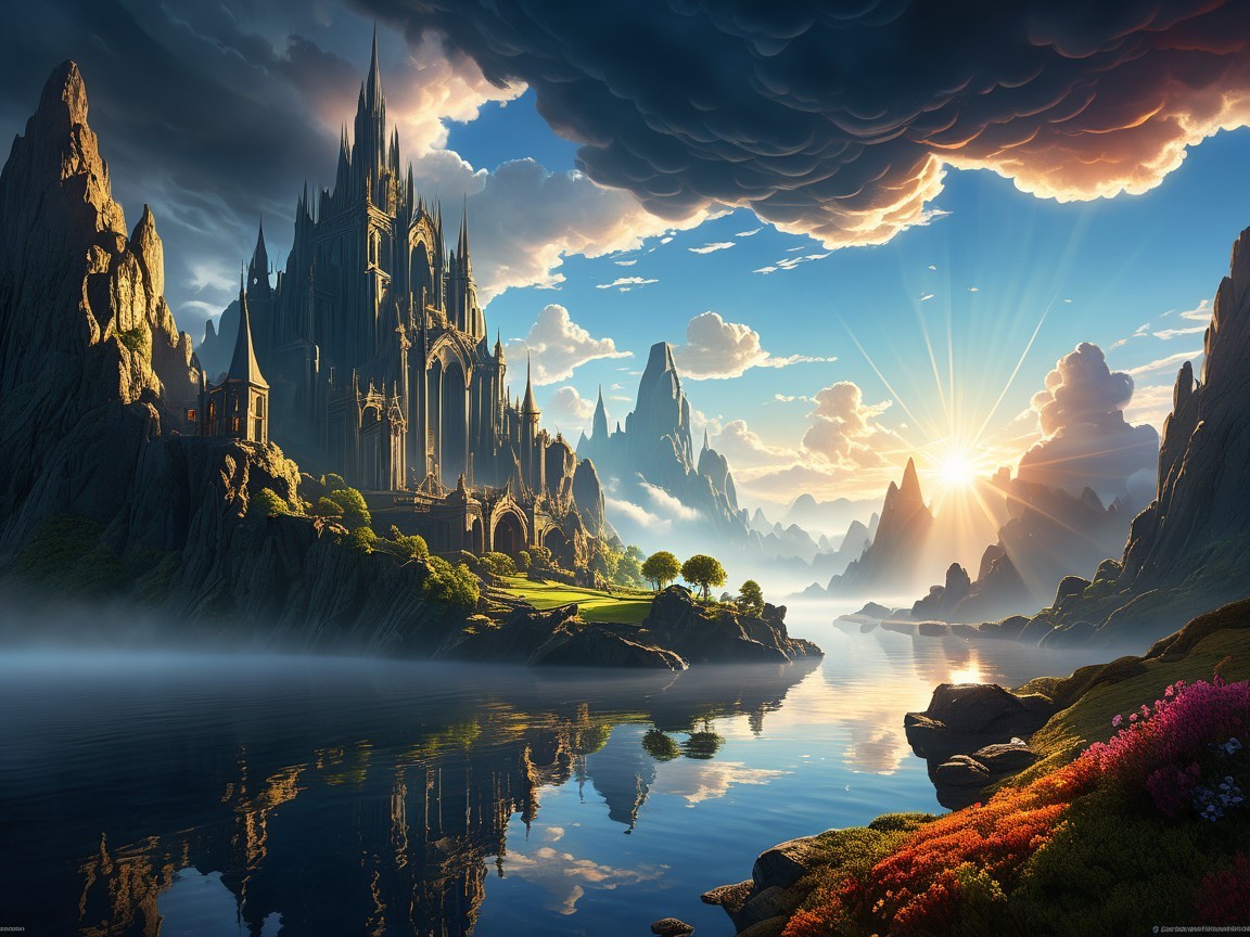 Majestic Castle on Cliffs with Lush Greenery and Lake