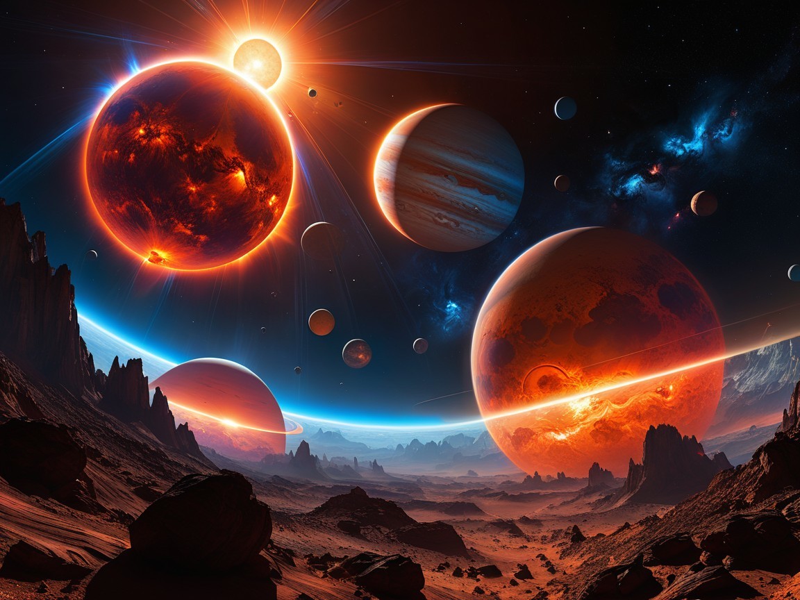 Vibrant Cosmic Scene with Planets and Nebulae