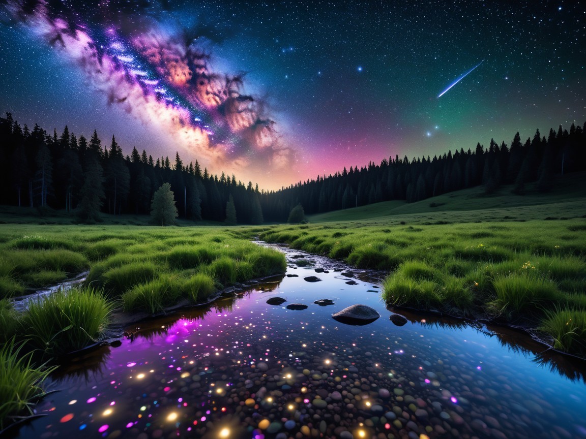 Serene Night Landscape with River and Starry Sky