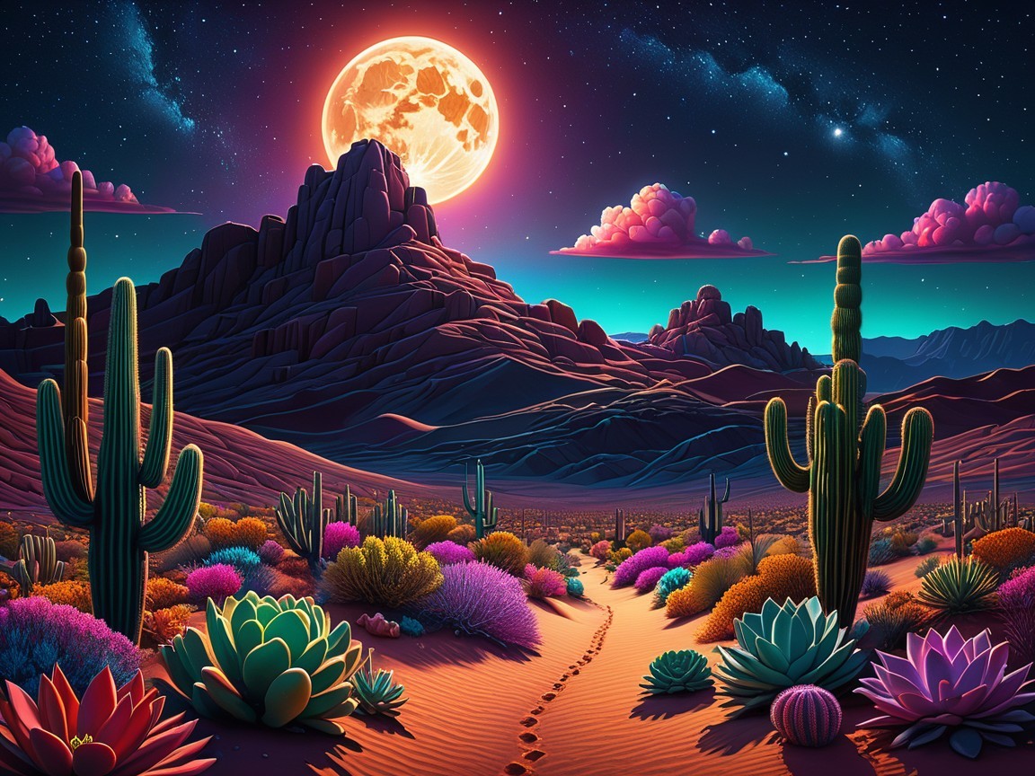 Desert Landscape Under Full Moon and Starry Sky