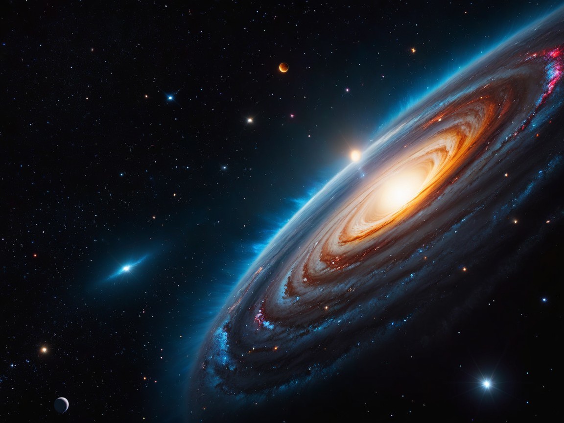 Vibrant Galaxy with Spiral Arms and Celestial Bodies