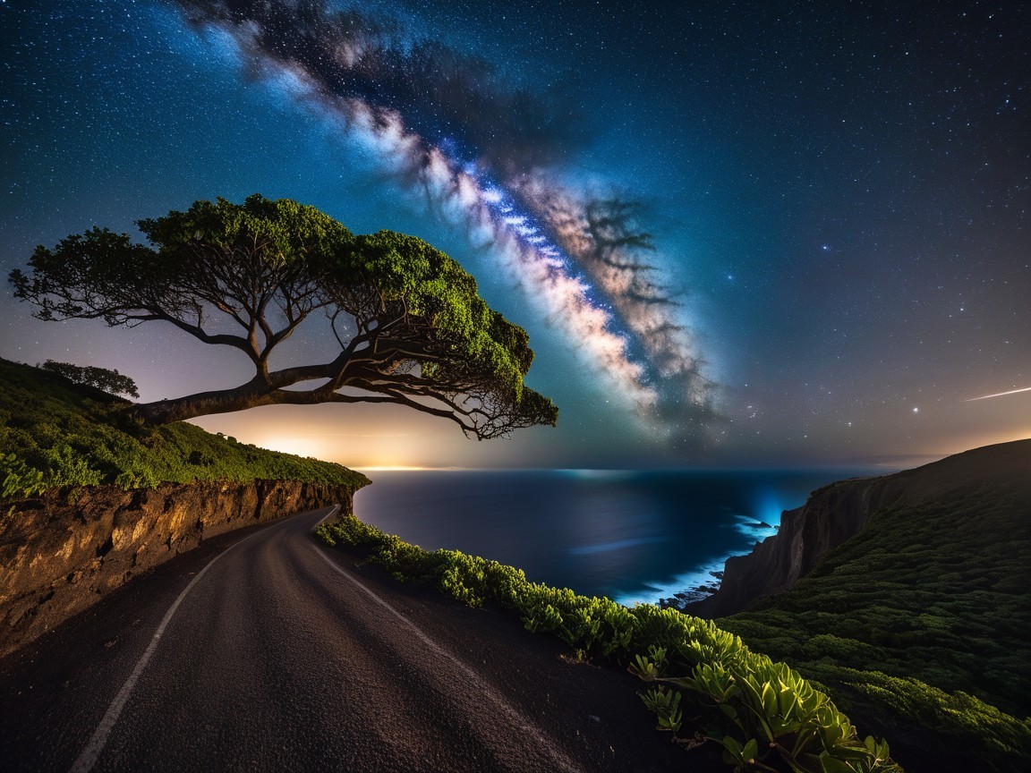 Coastal Road Under Starry Sky with Milky Way