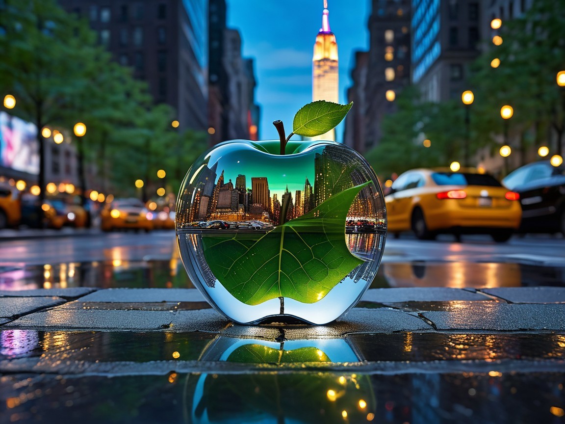 Transparent Apple Structure Reflecting City Skyline