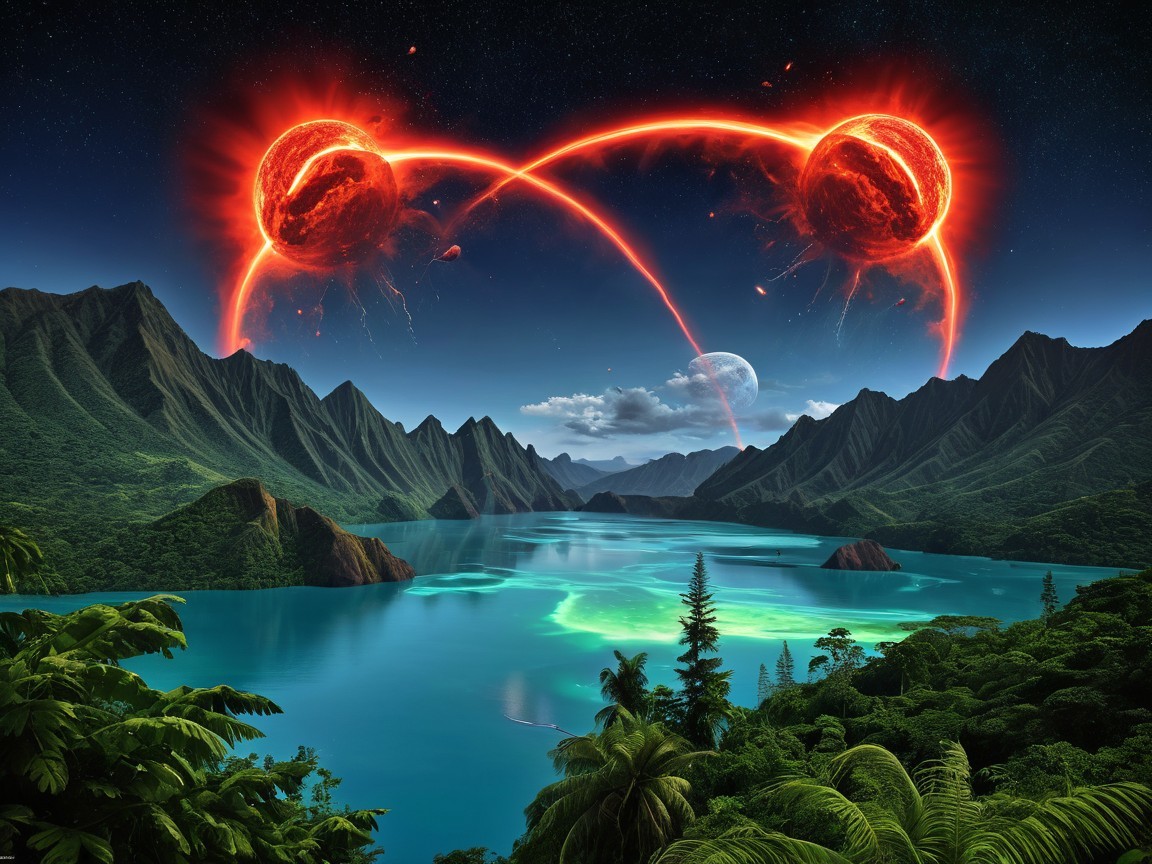 Tranquil Lake Surrounded by Majestic Mountains and Flames
