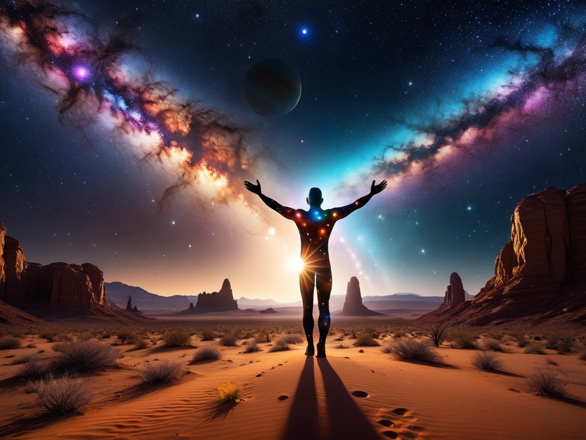 Silhouette Against Cosmic Landscape and Sunset