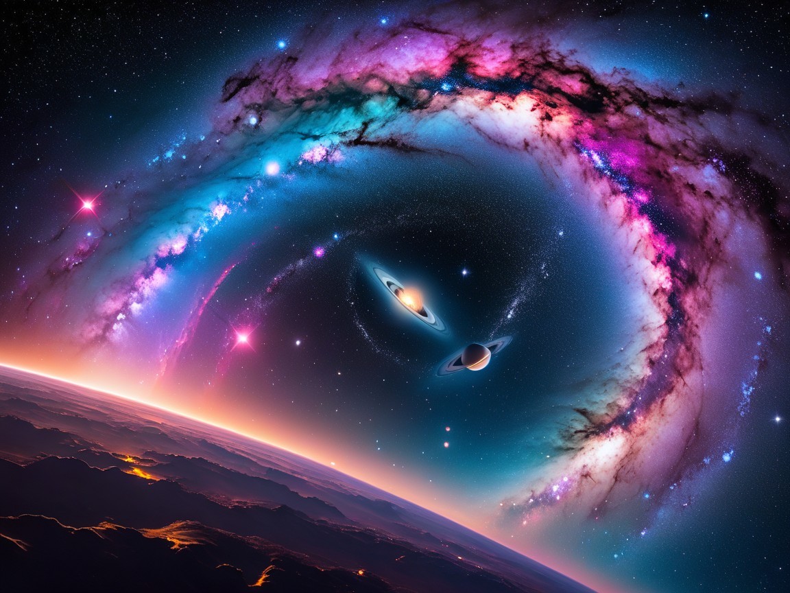 Vibrant Cosmic Scene with Galaxy and Saturn's Rings