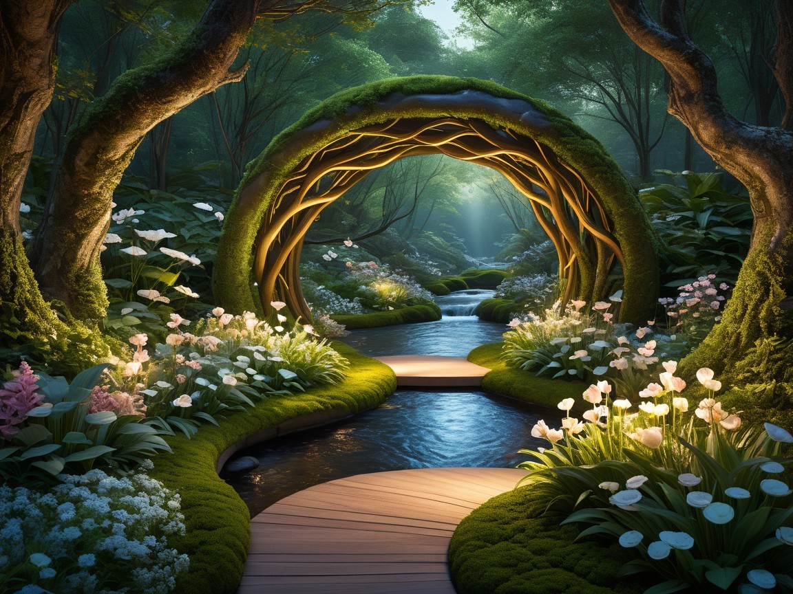 Enchanted forest scene with mossy arch and stream