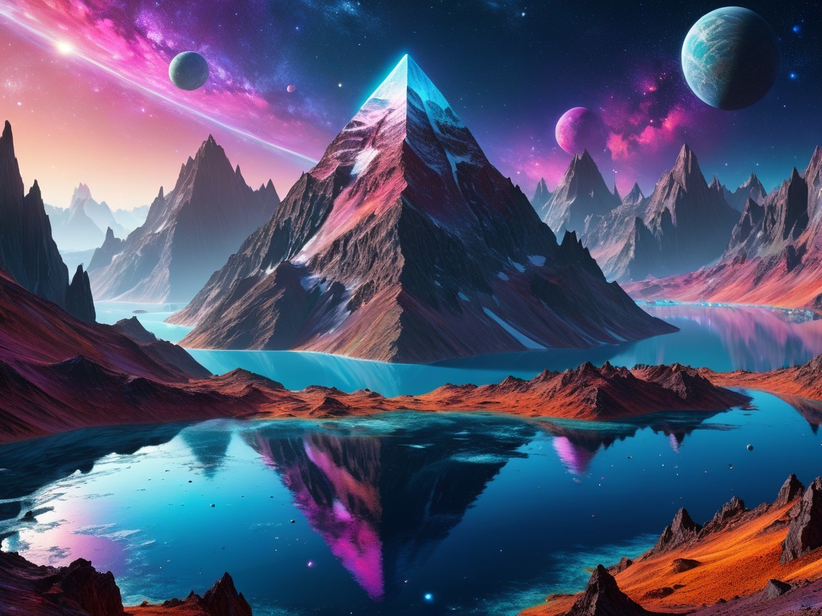 Vibrant Otherworldly Landscape with Glowing Pyramid