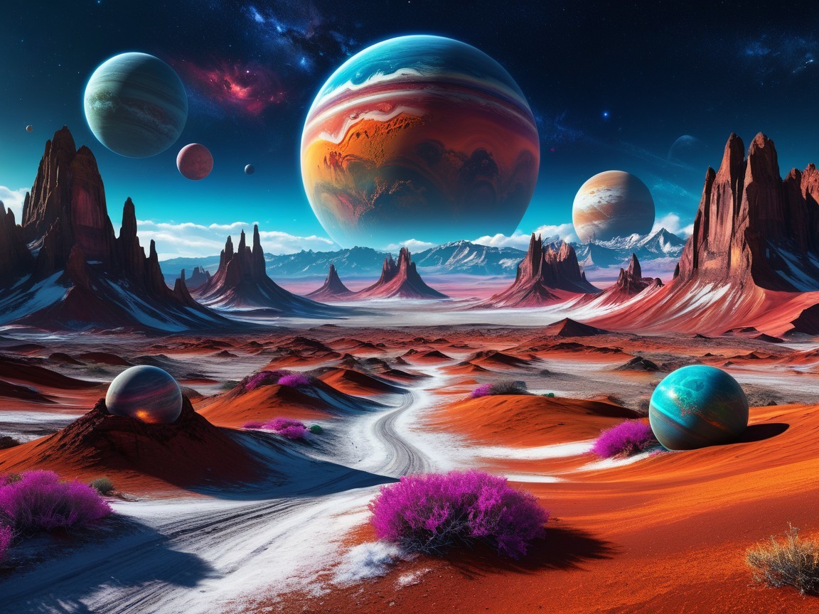 Surreal Alien Landscape with Colorful Terrain and Planets