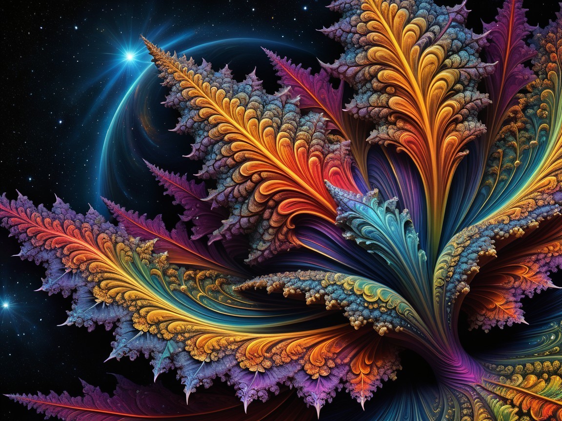 Vibrant Fractal Design with Cosmic Backdrop