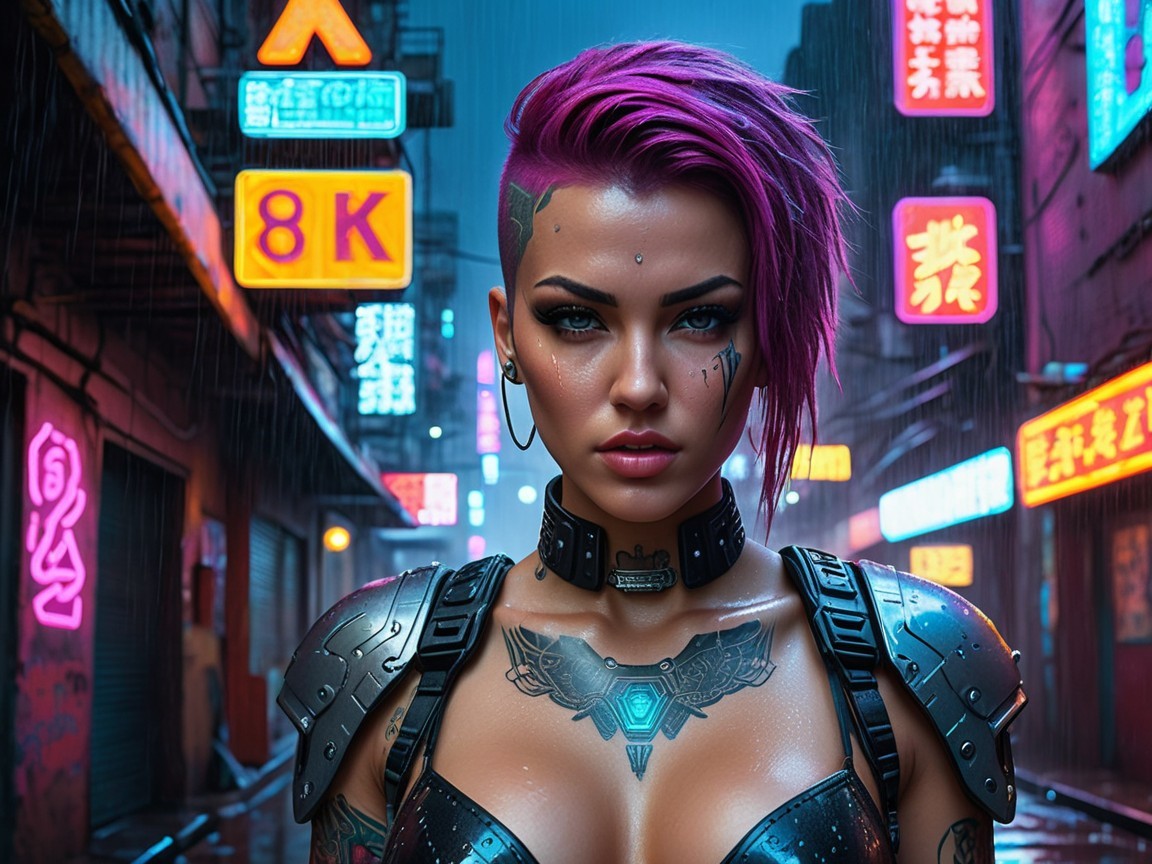 Cyberpunk Portrait of a Young Woman in Rainy Setting