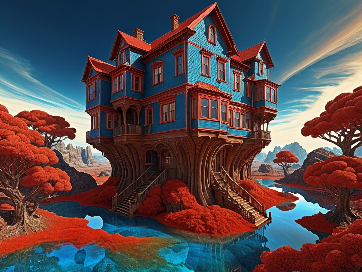 Multistoried House on Tree Trunks in Surreal Landscape
