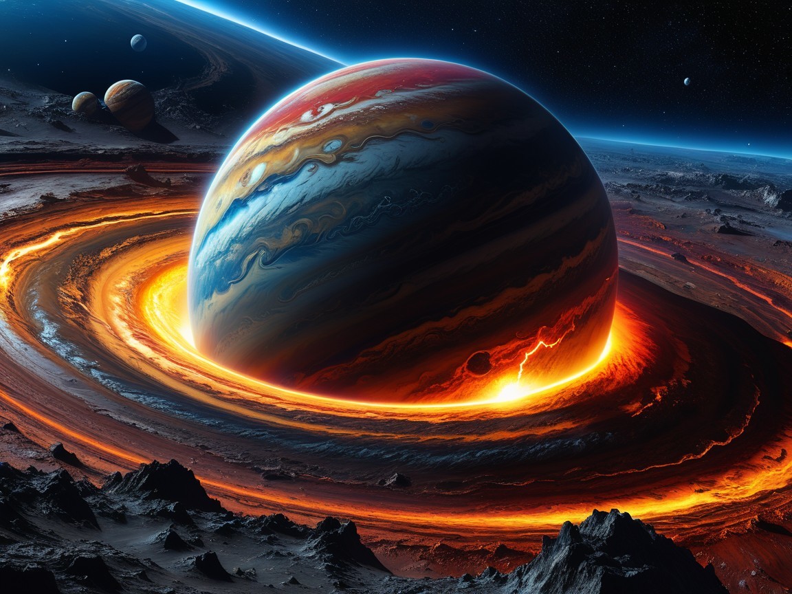Colossal Planet with Fiery Rings in Space Scene