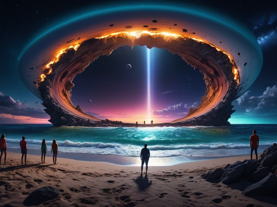 Surreal Cosmic Ring Over Beach at Sunset Scene