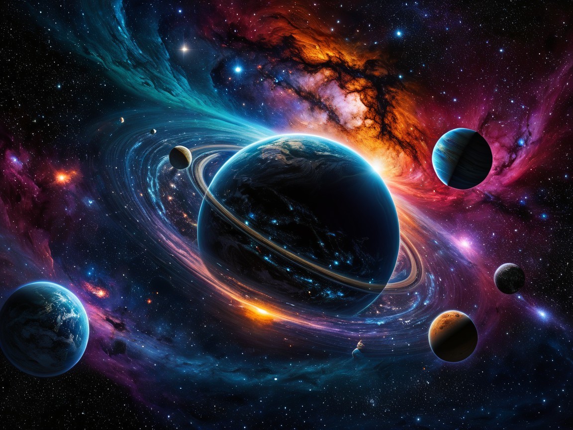 Cosmic Scene with Blue-Green Planet and Vibrant Rings