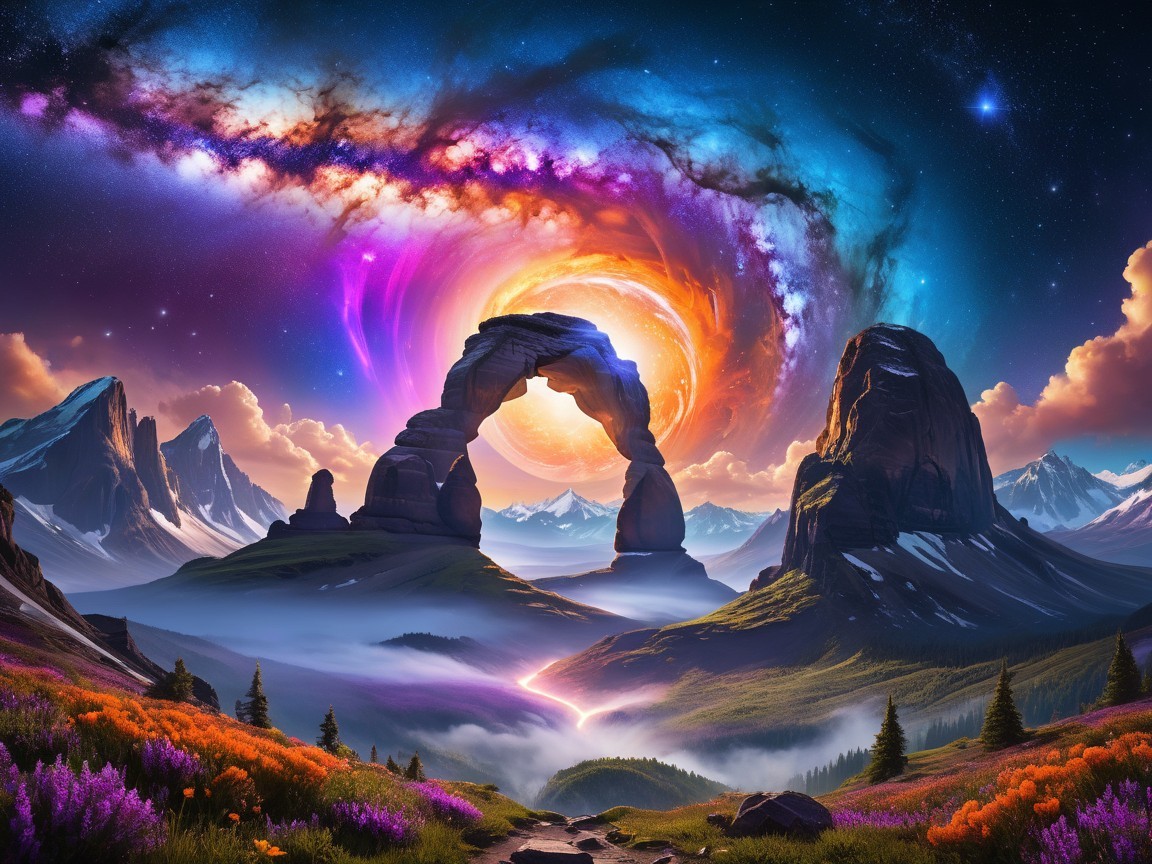 Vibrant Galaxy Over Majestic Rock Arch Landscape
