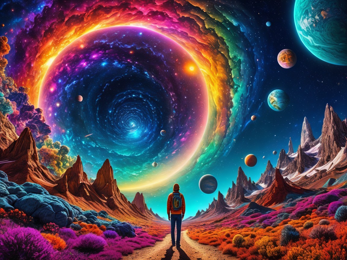 Cosmic Landscape with Colorful Portal and Mountains