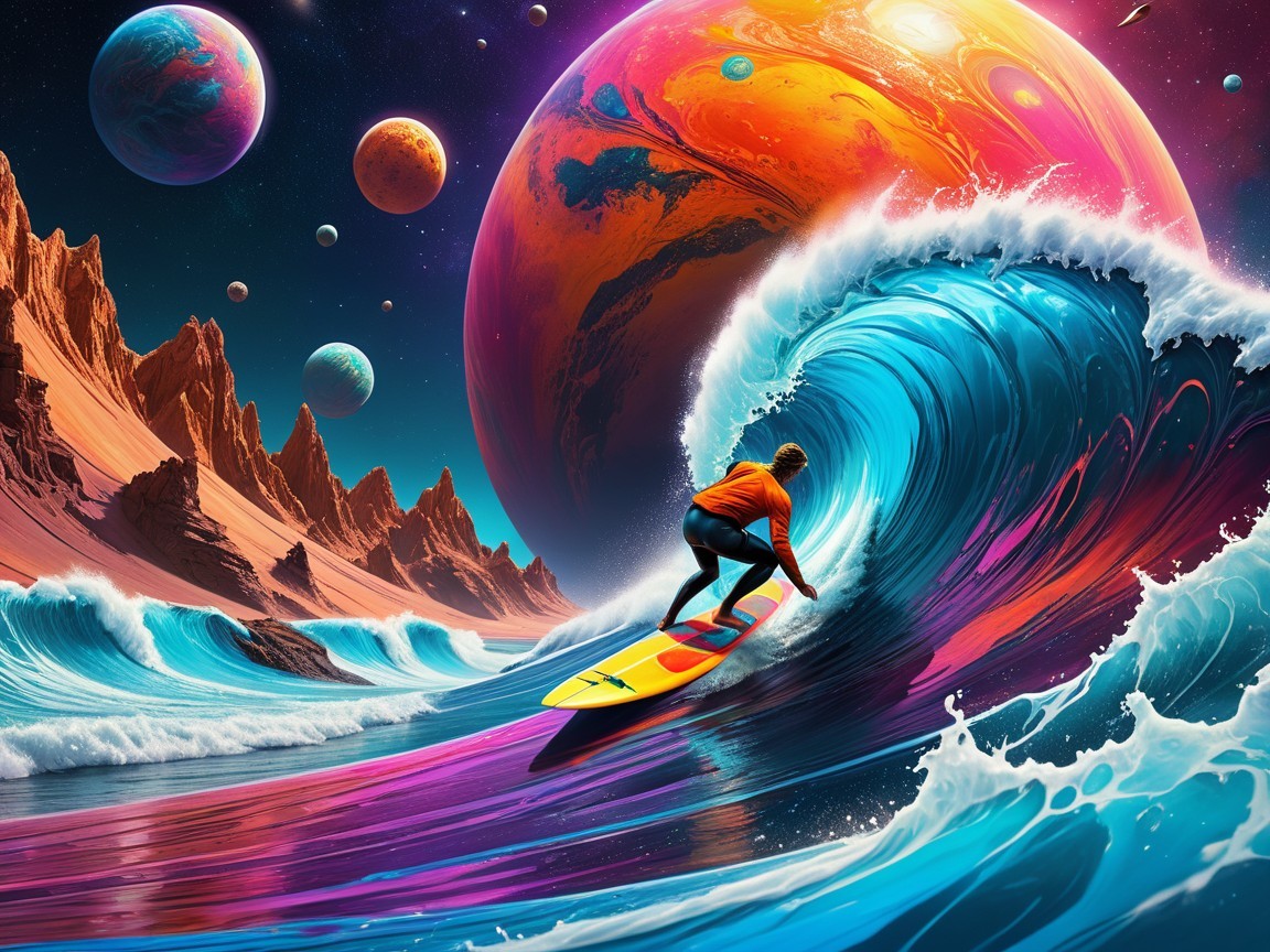 Surreal Cosmic Landscape with Surfer and Vibrant Waves
