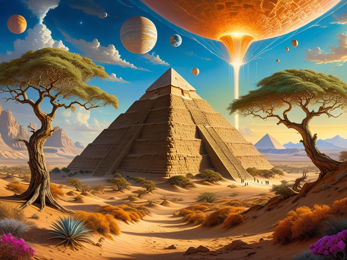 Majestic pyramid in a vibrant desert with surreal elements