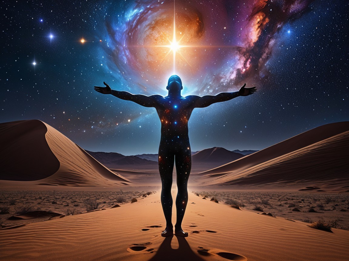 Cosmic Figure in Desert Embracing the Universe