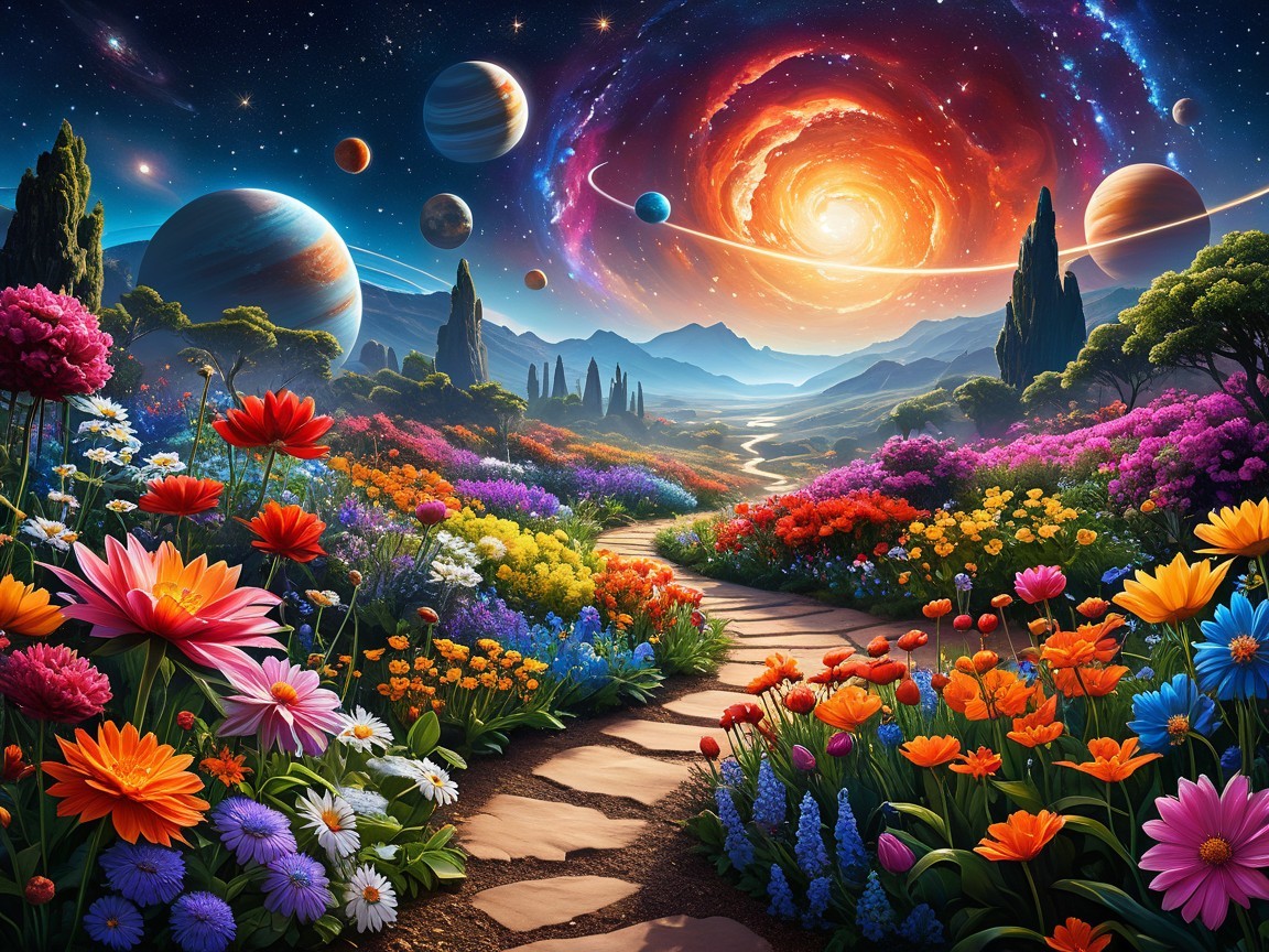 Vibrant Landscape with Flowers and Starry Sky