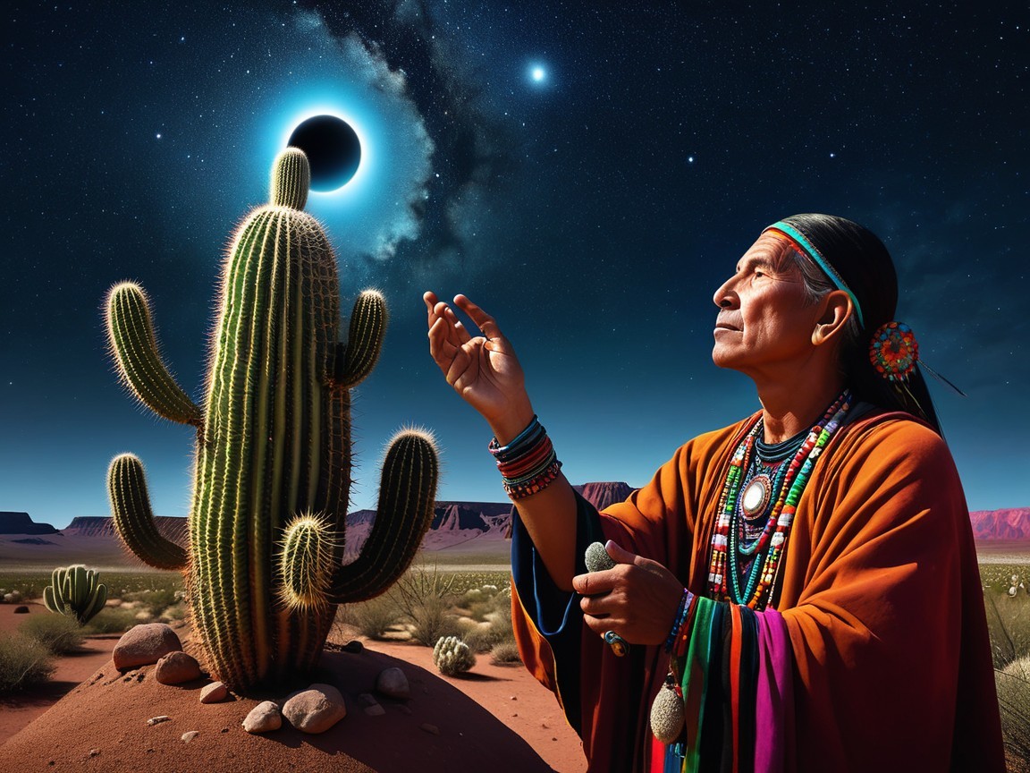 Native American Man in Traditional Attire at Eclipse