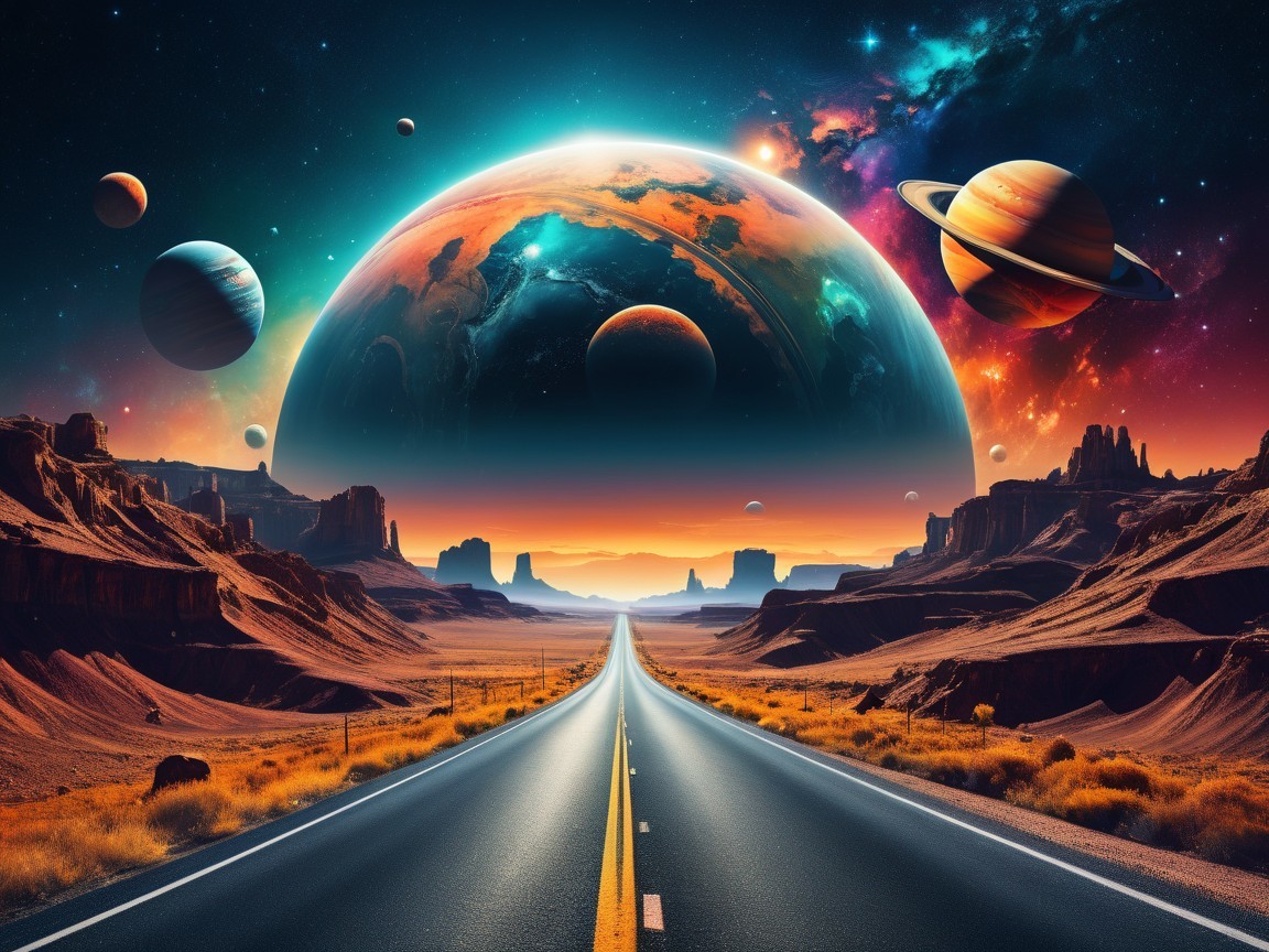 Cosmic Landscape with Highway and Majestic Planets