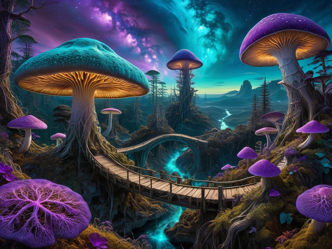 Luminous Mushrooms in a Dreamlike Fantasy Landscape