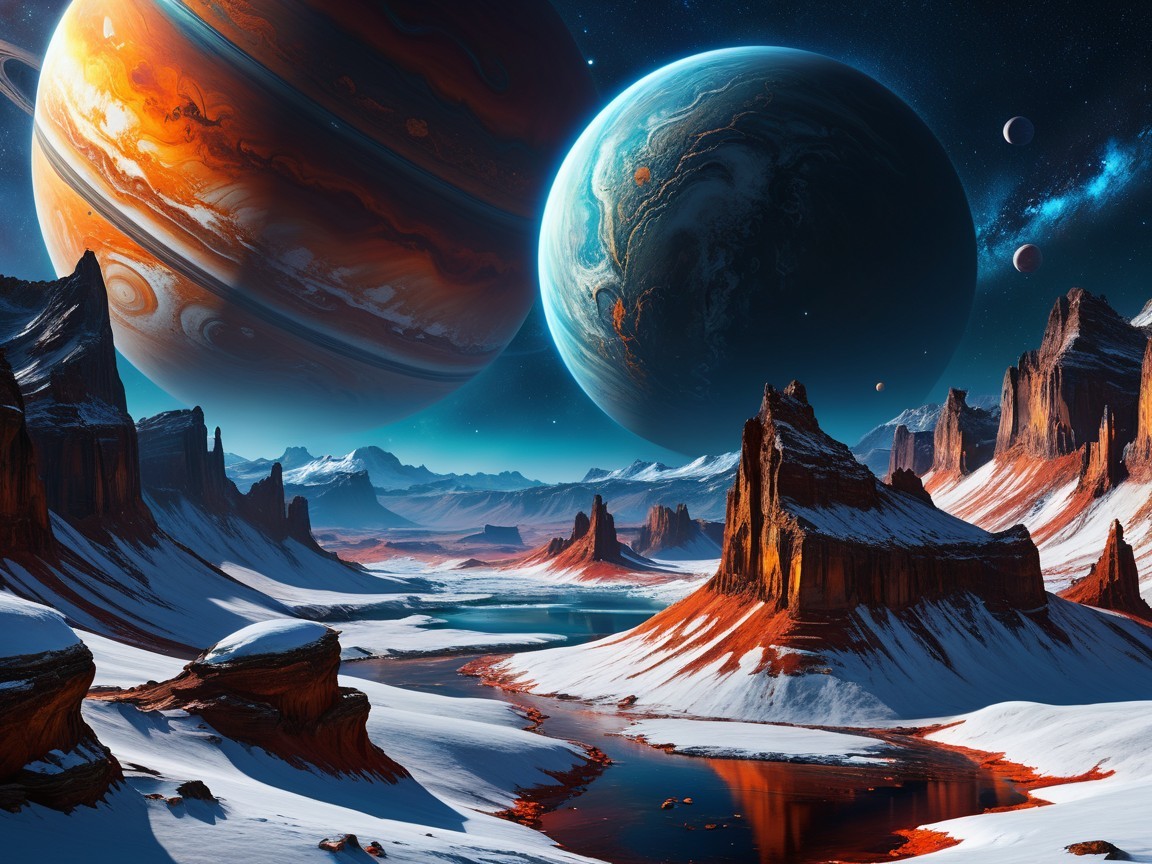 Alien Landscape with Rock Formations and Starry Sky
